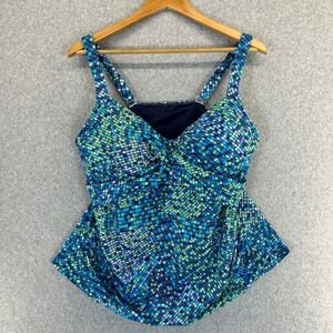 Lands End Tankini Swim Top Blue Green Mosaic Print Ruched Tummy Control Size 16